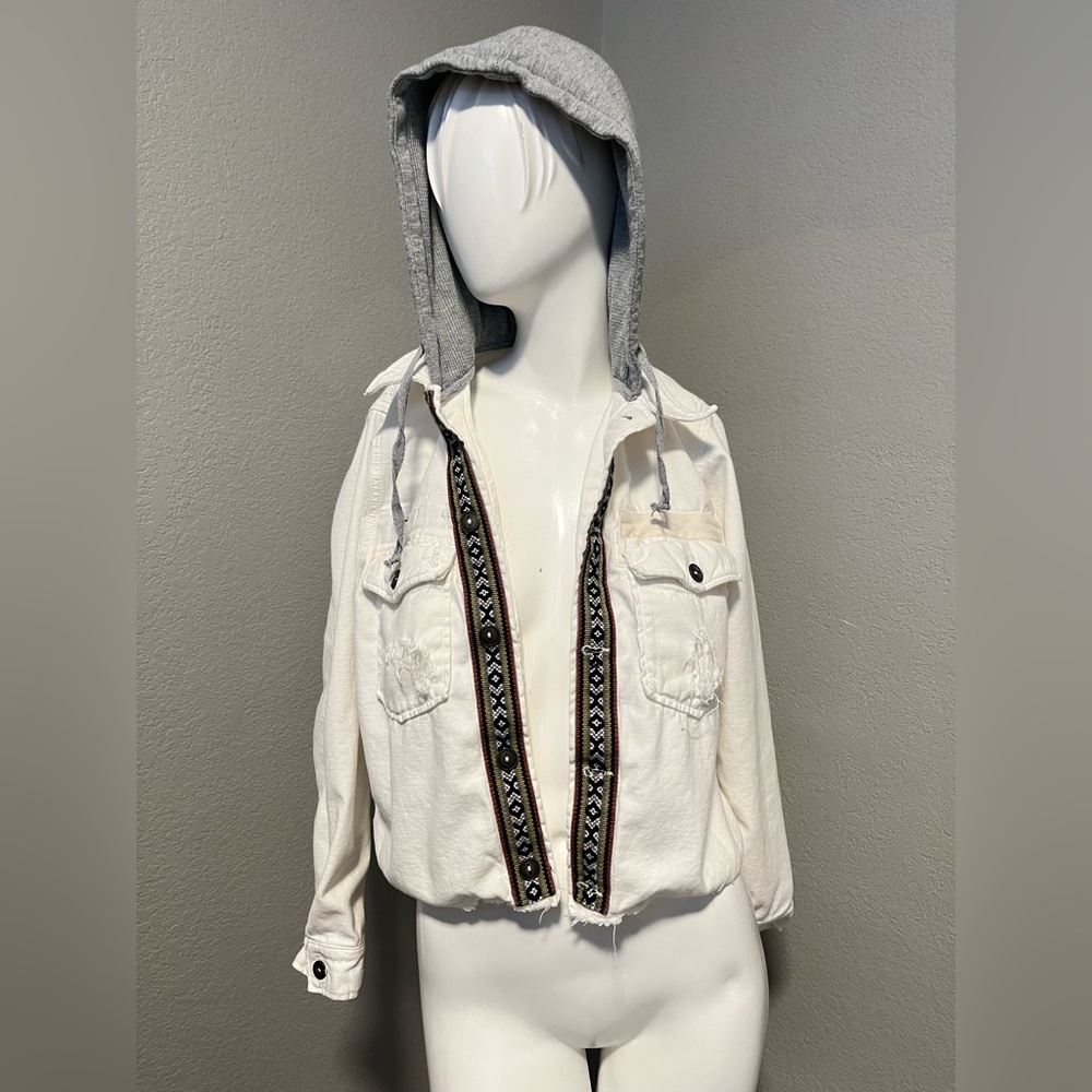 Free People Women’s Weekend Wanderer White /Gray Hood LS BD Cotton Jacket Size S - Picture 4 of 16